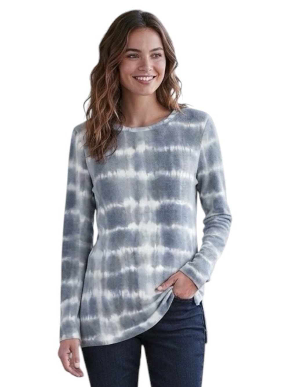 Sweet Adelya Tie Dye High Low Hem Brushed Knit Long Sleeve Tunic Gray S (4/6)
